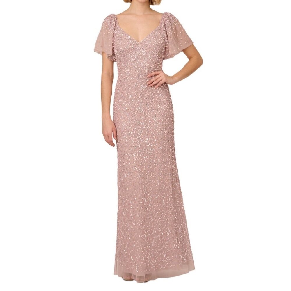 Adrianna Papell Pearl Beaded Mermaid Gown Flutter Sleeves Cameo Pink size 6